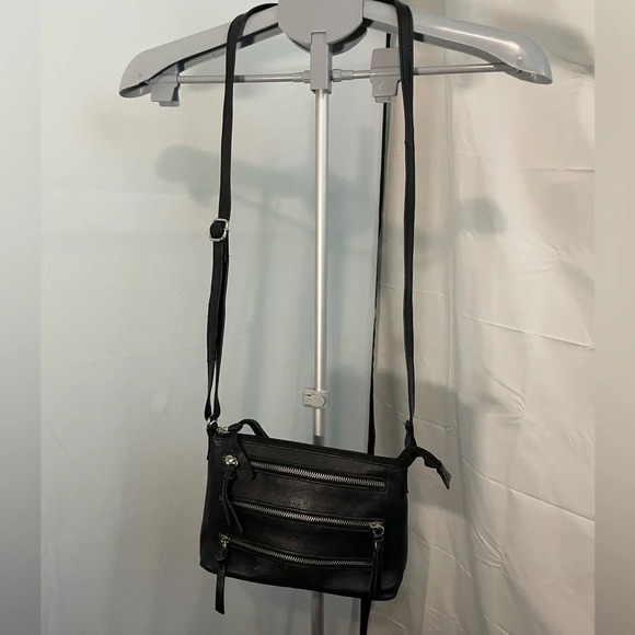 Vintage Black 100% Leather Small Cross‎ Body Purse with Silver Zippers - Picture 2 of 12